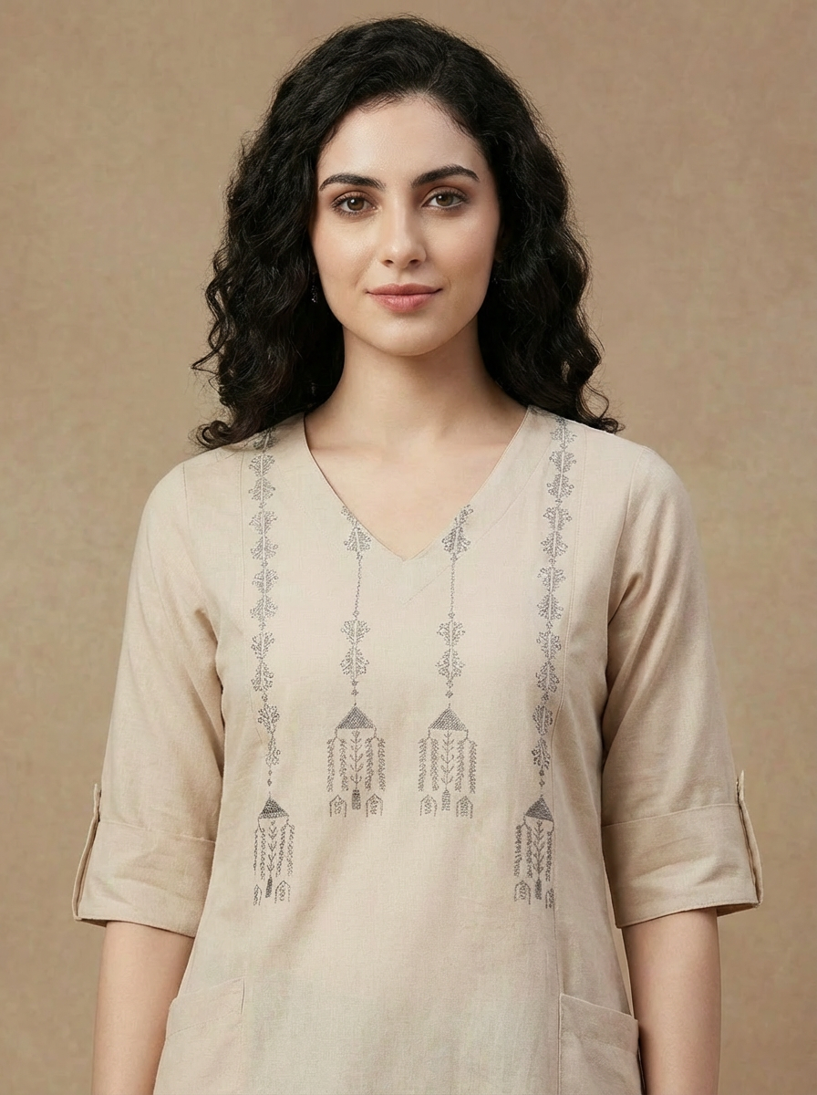 Off-White Handcrafted Motif Cotton Kurta – Classic Workwear Edits