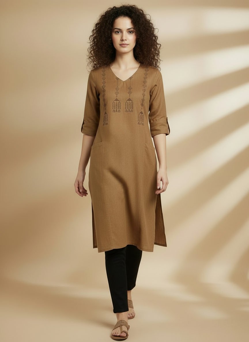 Beige Handcrafted Motif Cotton Kurta