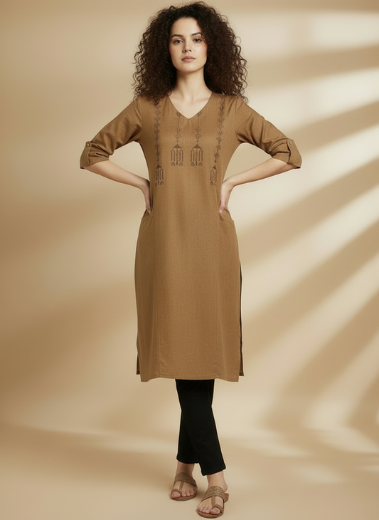 Beige Handcrafted Motif Cotton Kurta