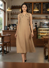 Indyvarna VEDA Handcrafted Cotton Midi Dress – Beige
