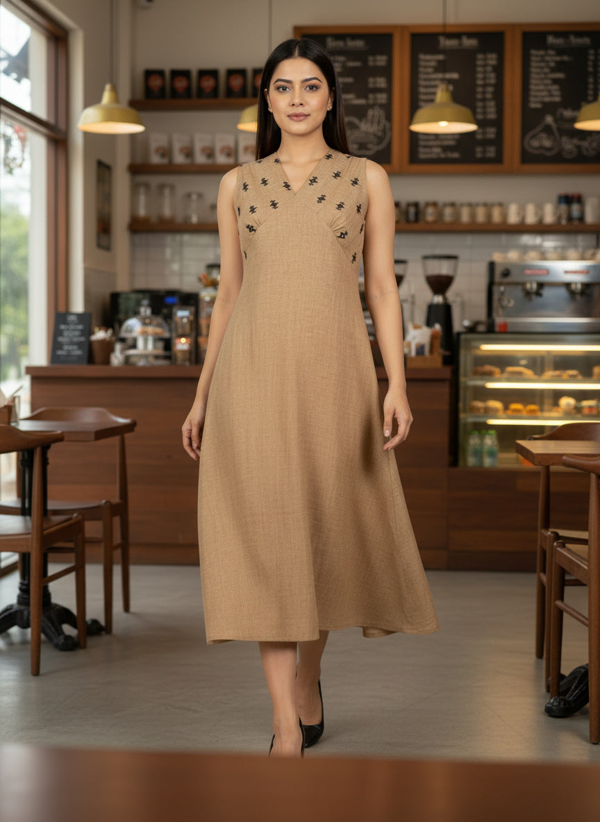 Indyvarna VEDA Handcrafted Cotton Midi Dress – Beige
