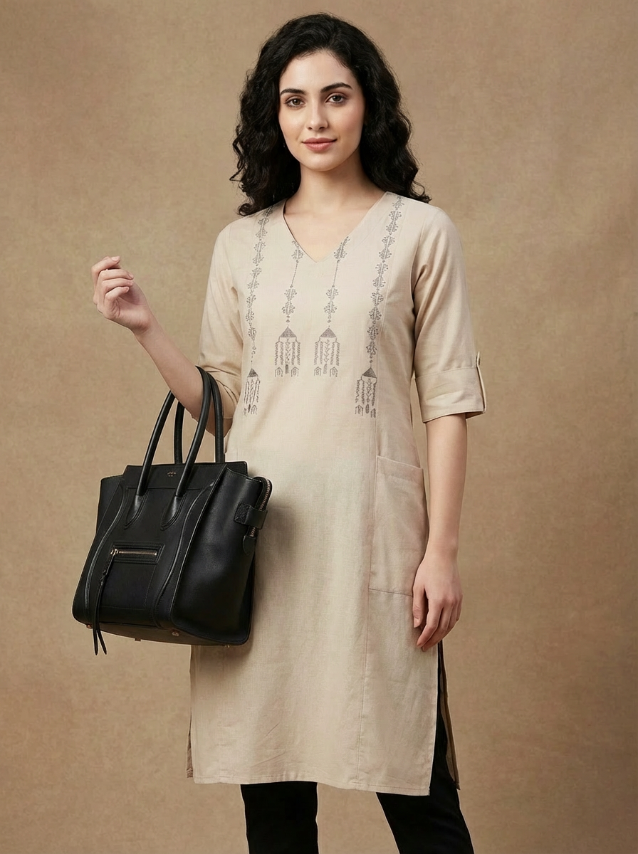 Off-White Handcrafted Motif Cotton Kurta – Classic Workwear Edits