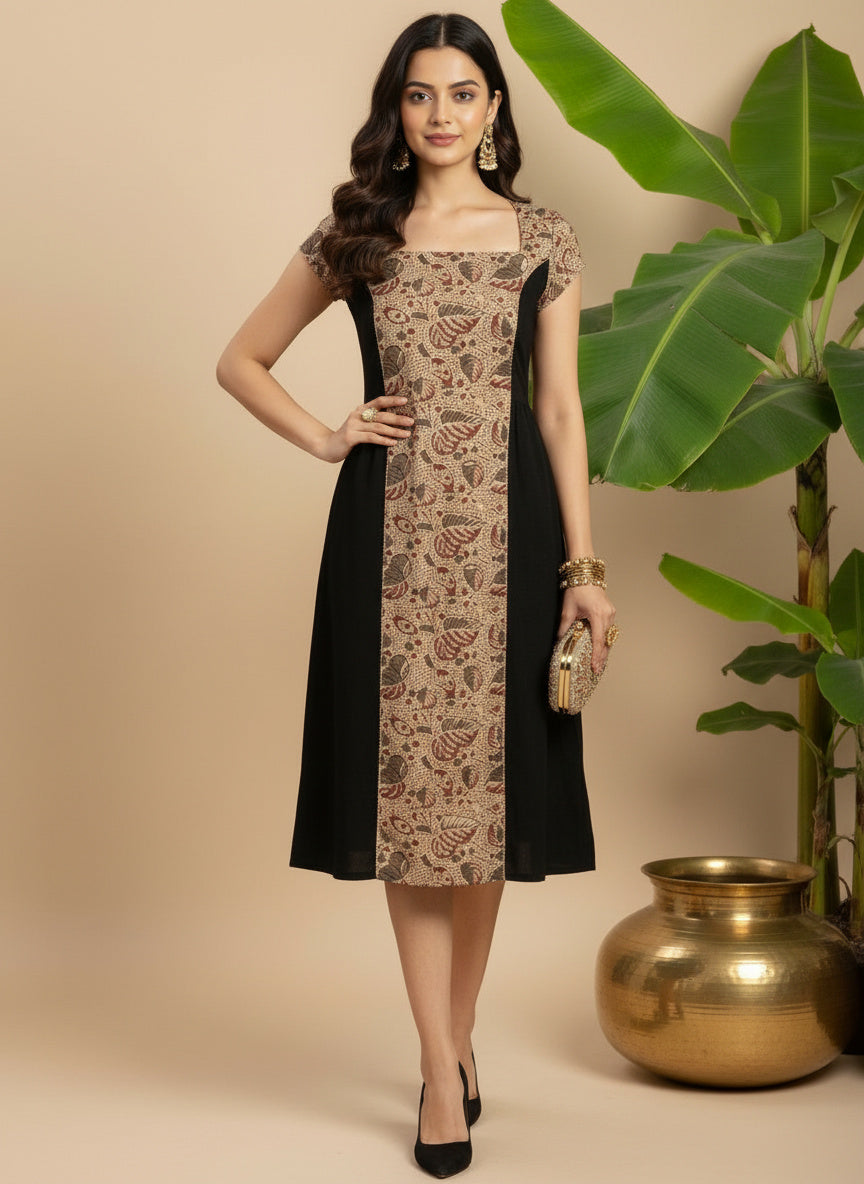 Mano Muse Midi Dress Grey Beige Black kalamkari