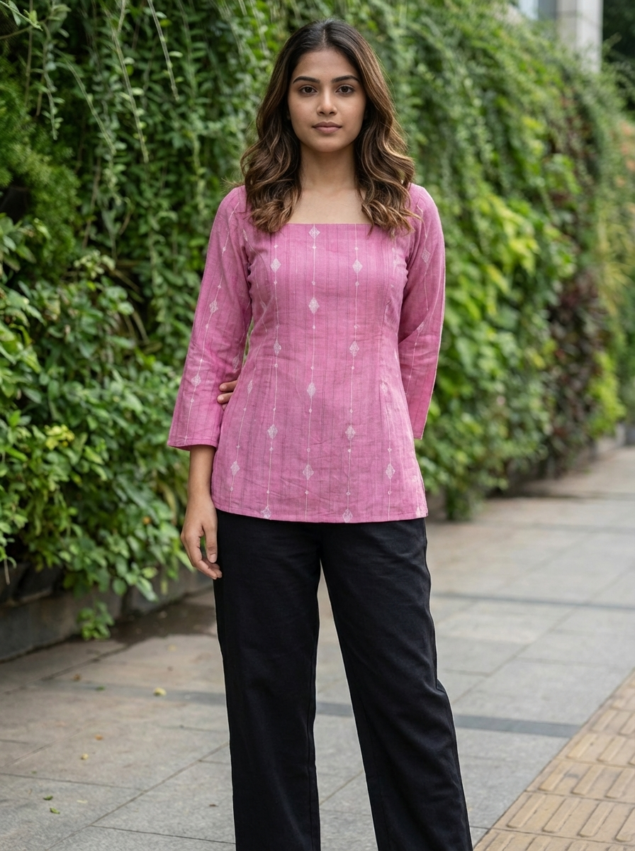 Elegant Rose Pink Cotton Kurti -Square Back neck - with Bell Sleeves
