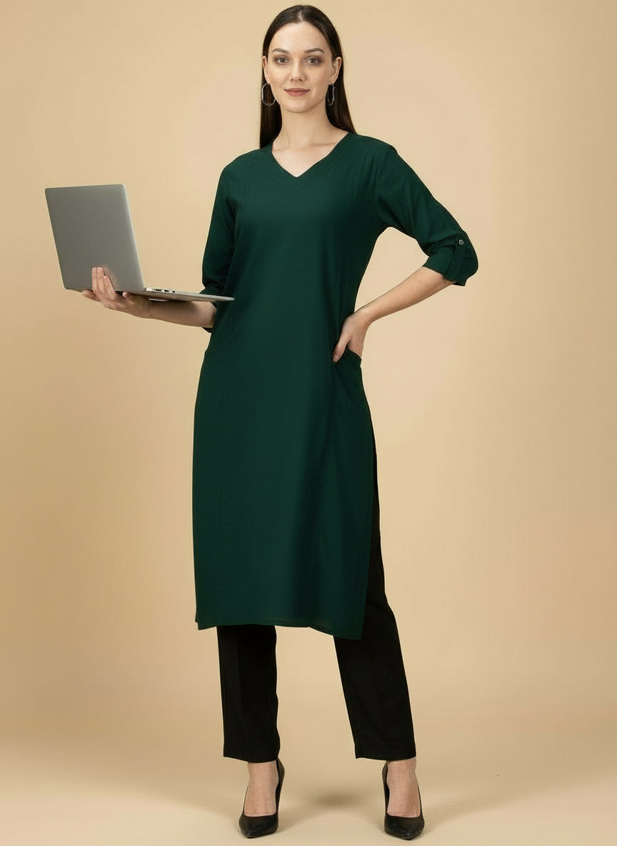 Deep Bottle Green Cotton Viscose Lycra Kurta - Classic Workwear Edits