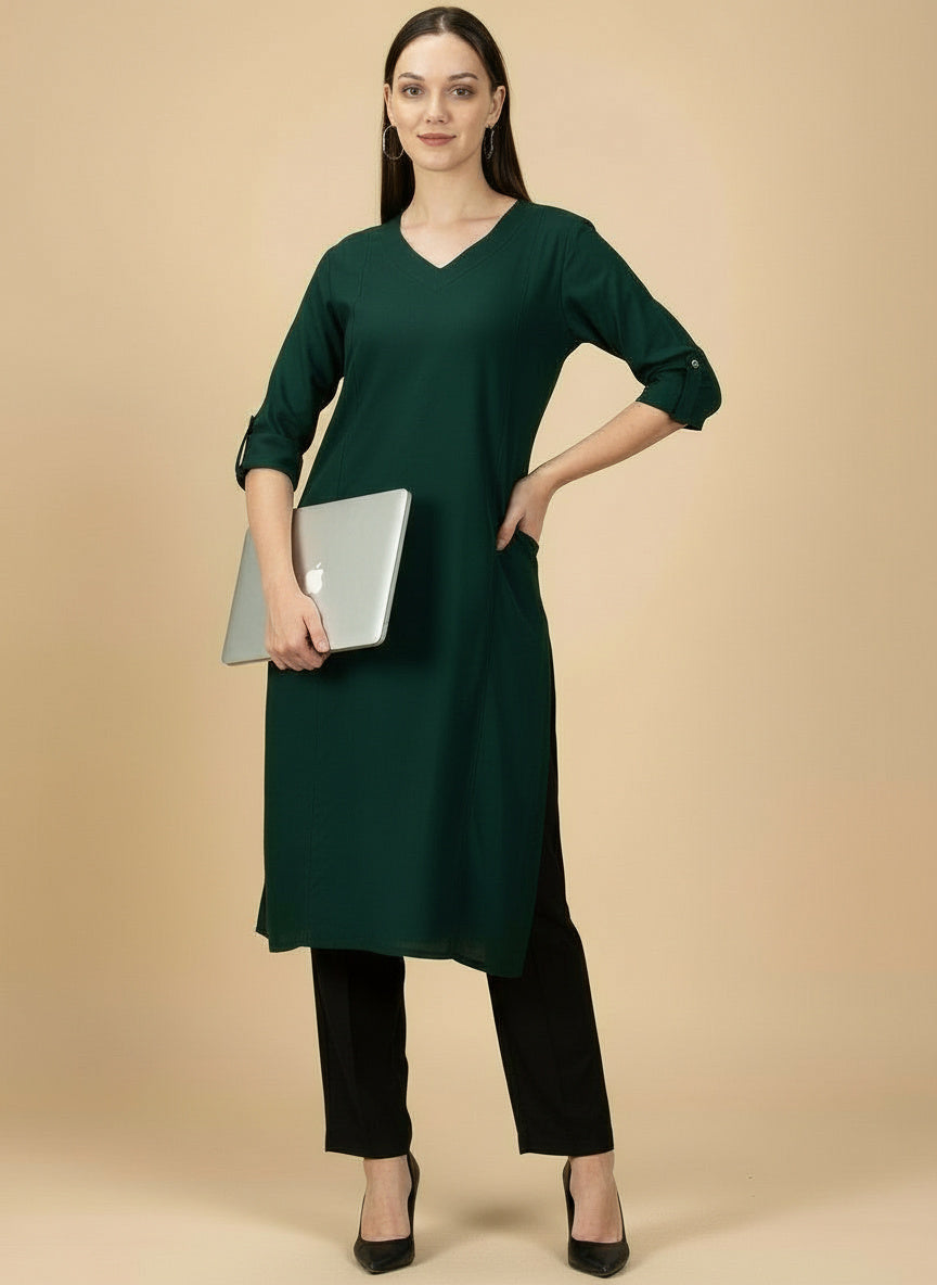 Deep Bottle Green Cotton Viscose Lycra Kurta - Classic Workwear Edits