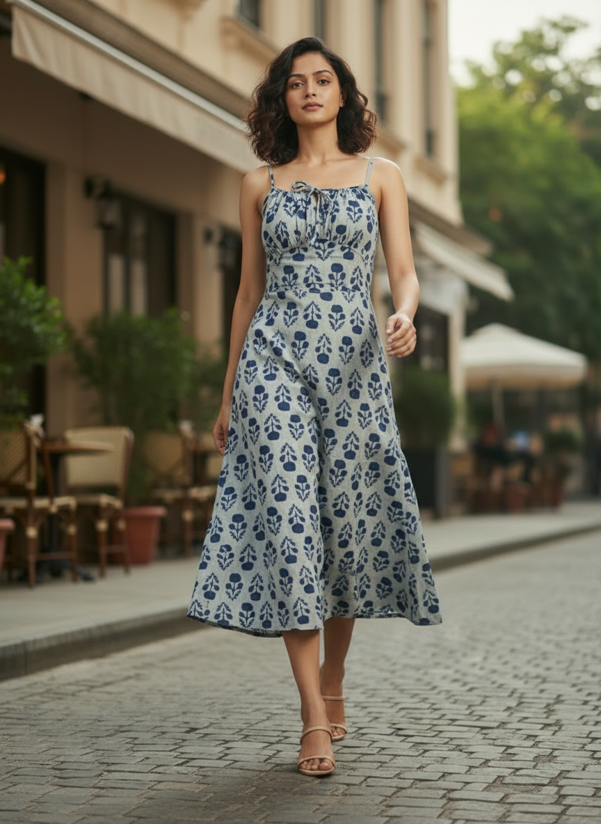 Pure Cotton Organic Block Printed Slip Dress – Indigo Blue