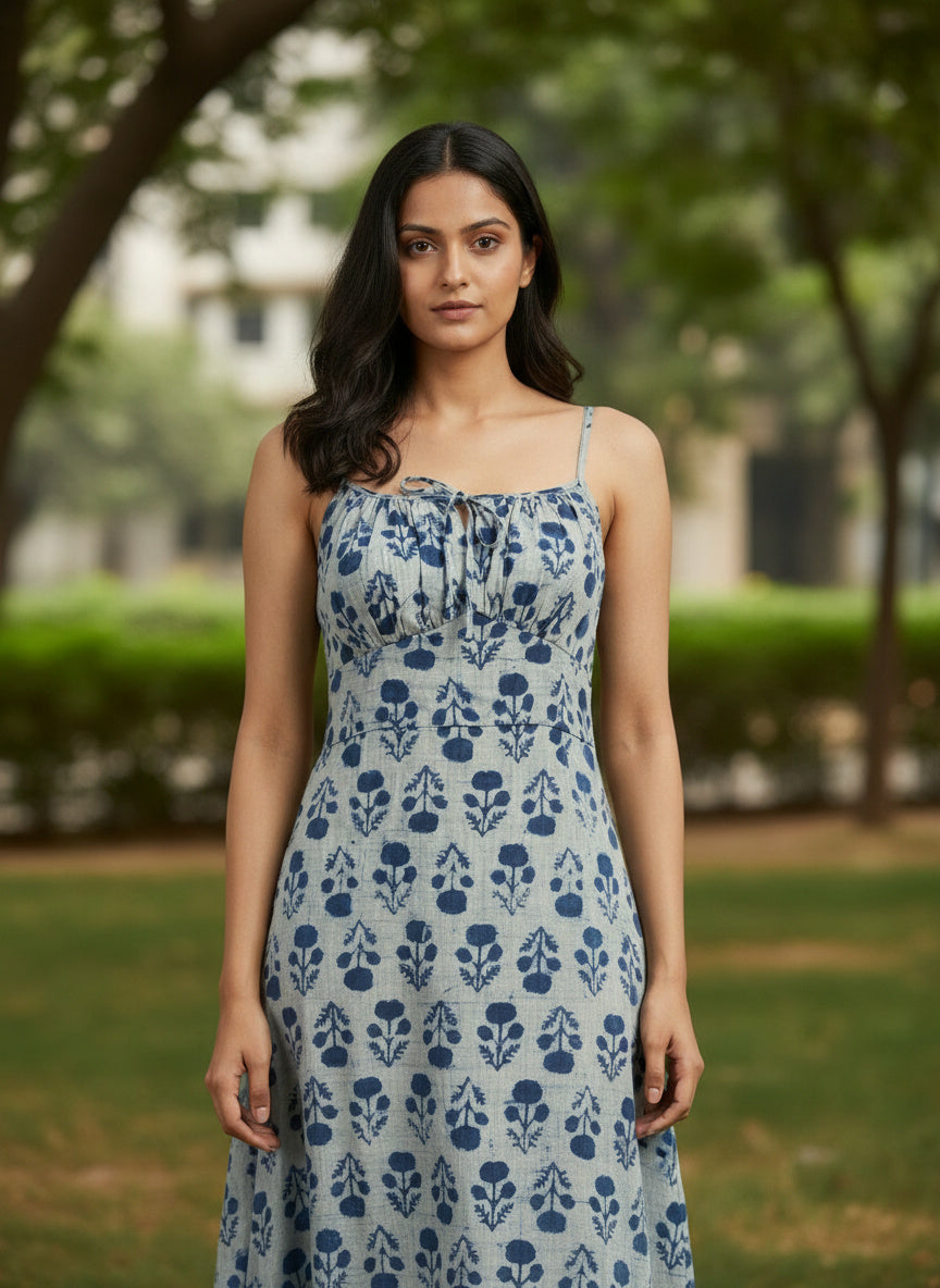 Pure Cotton Organic Block Printed Slip Dress – Indigo Blue
