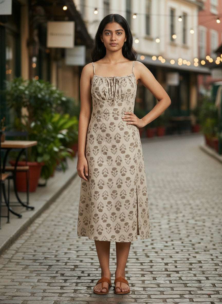 Earthy Brown Cotton Block Printed Slip Dress