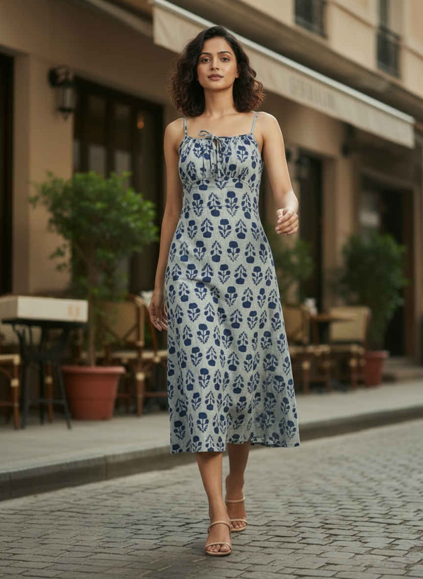 Pure Cotton Organic Block Printed Slip Dress – Indigo Blue