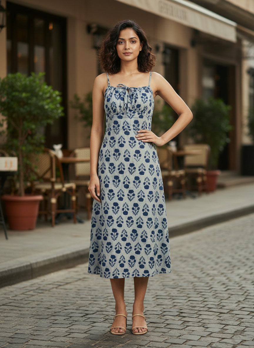 Indigo Blue Cotton Block Printed Slip Dress Indyvarna Indigo Blue Cotton Block Printed Slip Dress Indyvarna