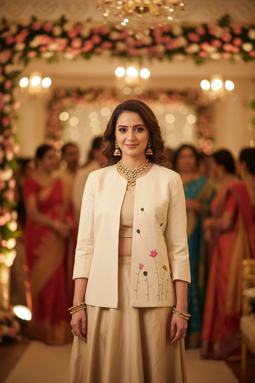 Open Front Cotton Blazer-White Beige Hand painted