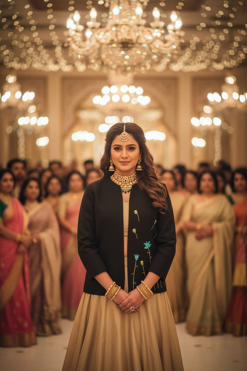 Open Front Cotton Blazer-Black Hand painted