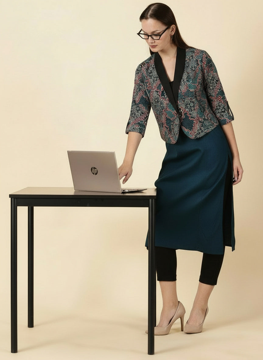 Teal Blue Cotton Viscose Lycra Kurta - Classic Workwear Edits