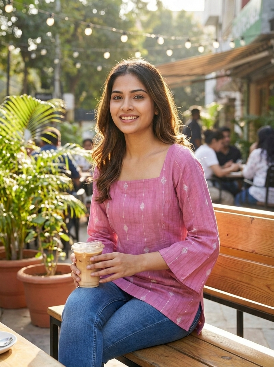 Elegant Rose Pink Cotton Kurti -Square Back neck - with Bell Sleeves