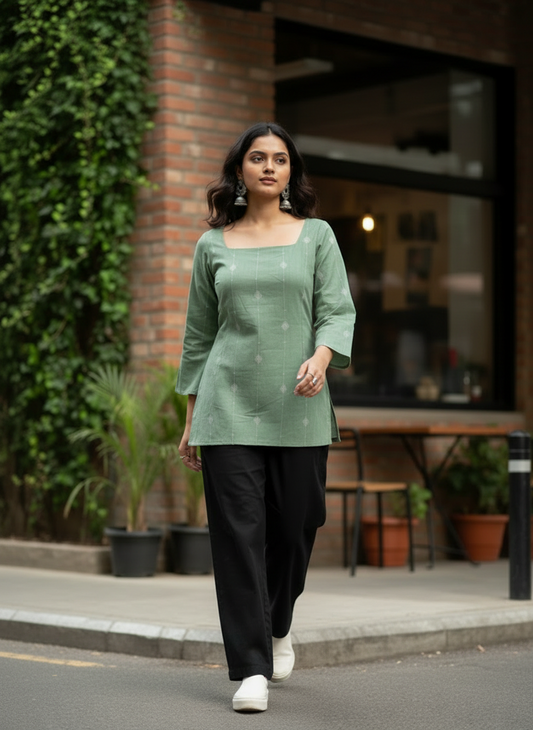 Elegant Sage Green Cotton Kurti -Square neck - with Bell Sleeves