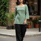 Elegant Sage Green Cotton Kurti -Square neck - with Bell Sleeves