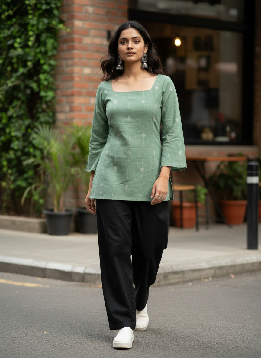 Elegant Sage Green Cotton Kurti -Square neck - with Bell Sleeves