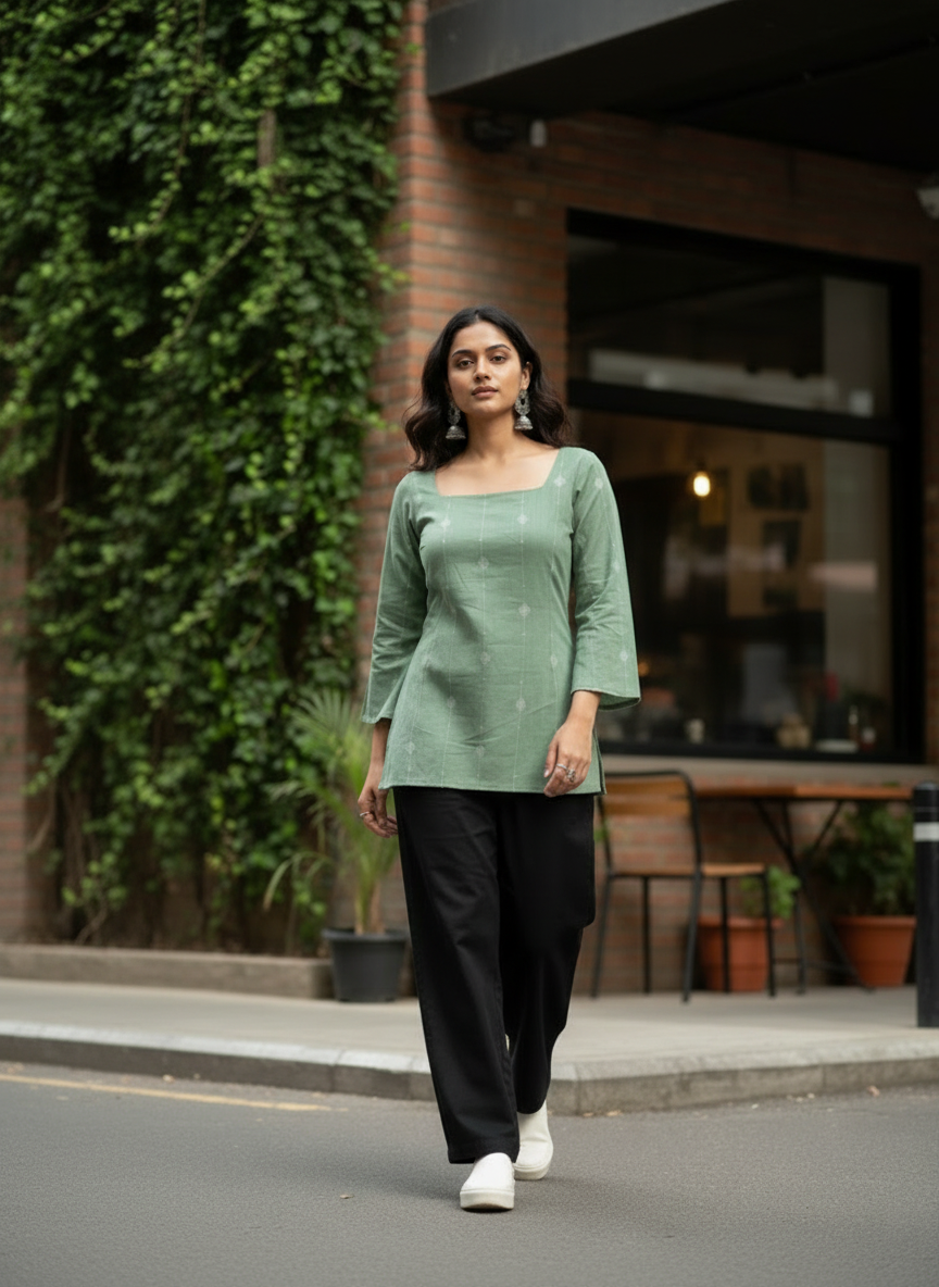 Elegant Sage Green Cotton Kurti -Square neck - with Bell Sleeves