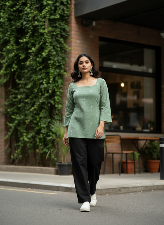 Elegant Sage Green Cotton Kurti -Square neck - with Bell Sleeves