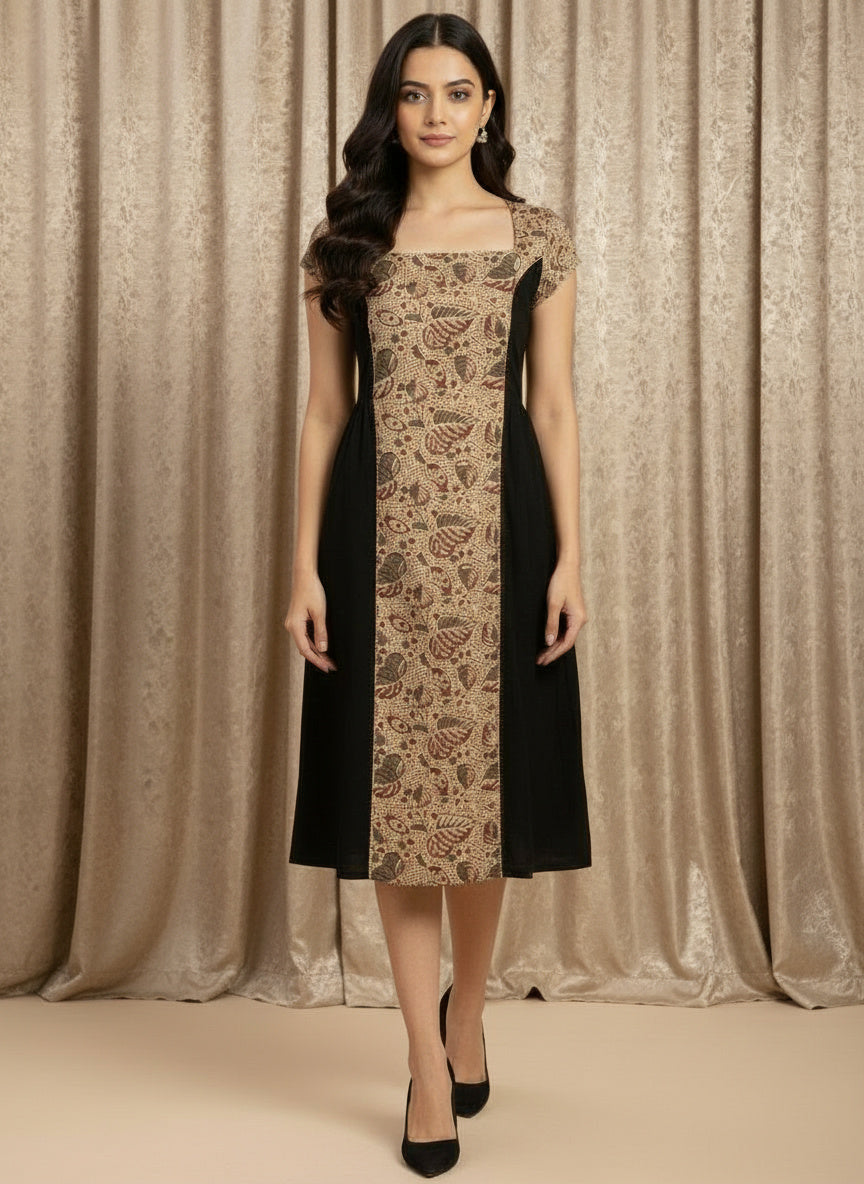 Mano Muse Midi Dress Grey Beige Black kalamkari