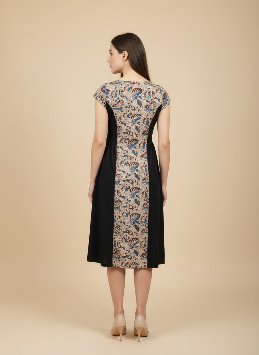 Mano Muse Midi Dress Blue Beige Black kalamkari