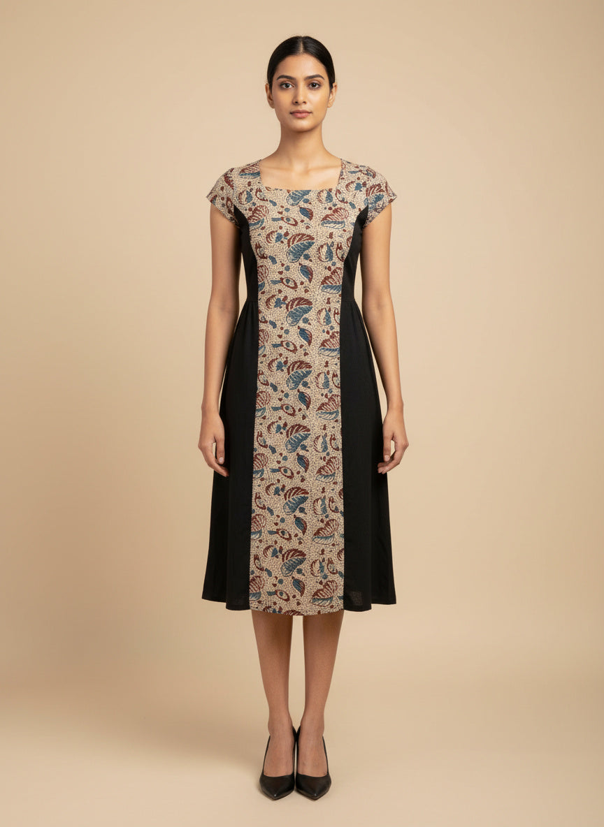 Mano Muse Midi Dress Blue Beige Black kalamkari