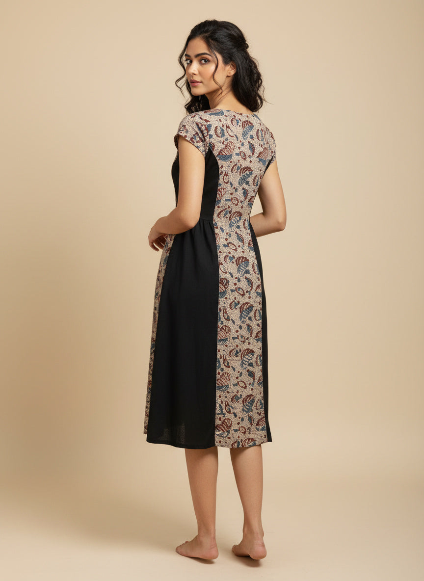 Mano Muse Midi Dress Blue Beige Black kalamkari