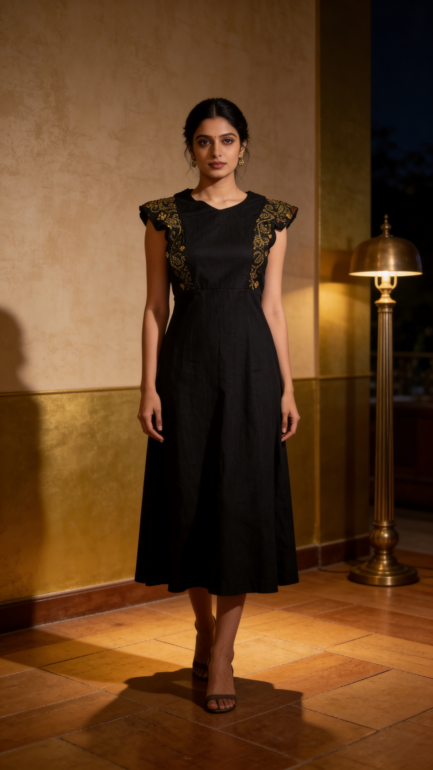 Black Embroidered A-Line Midi Dress