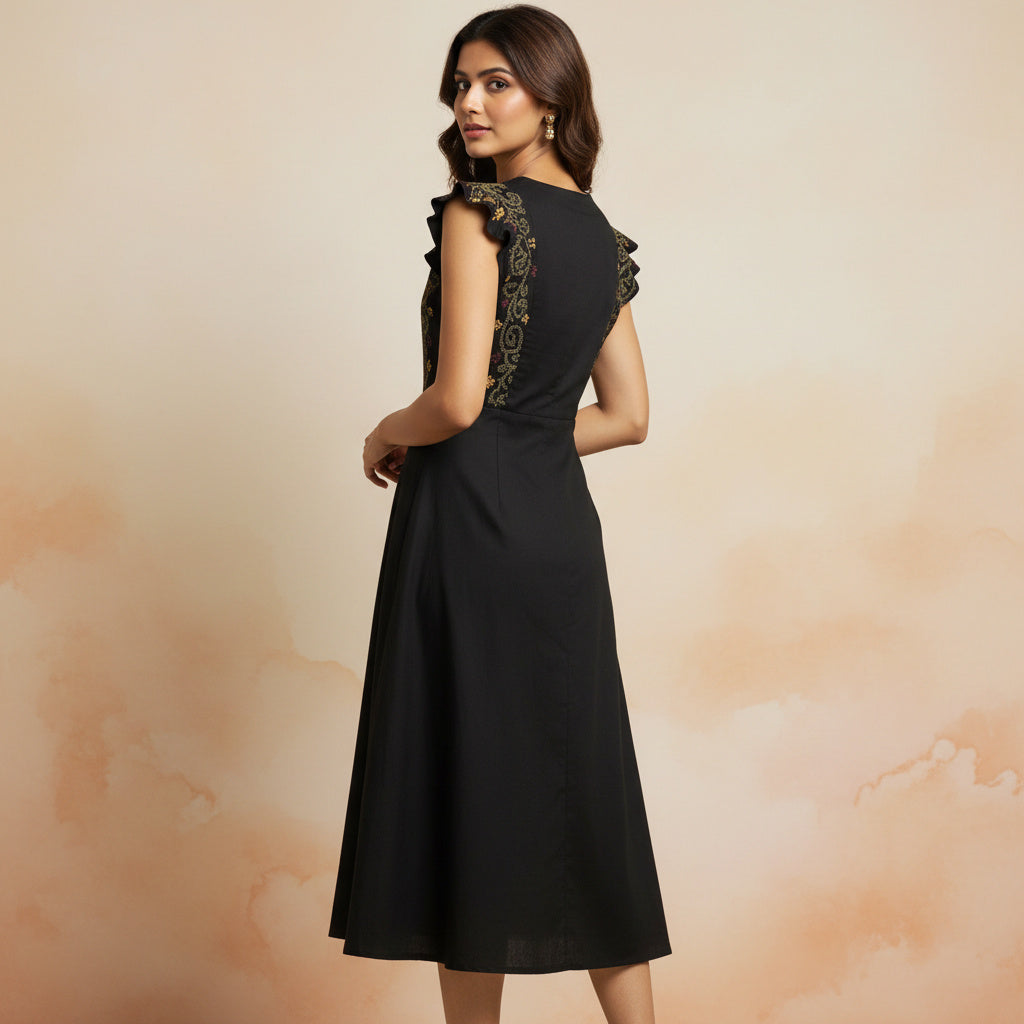 Black Embroidered A-Line Midi Dress