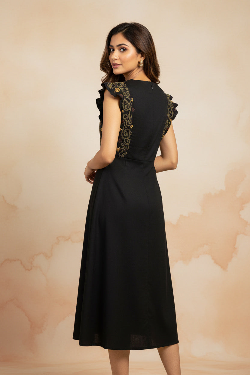 Black Embroidered A-Line Midi Dress