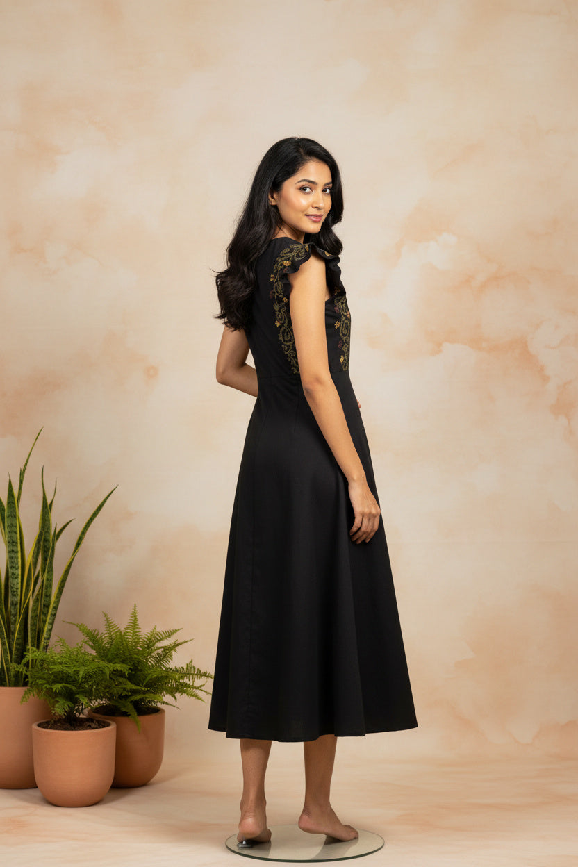 Black Embroidered A-Line Midi Dress