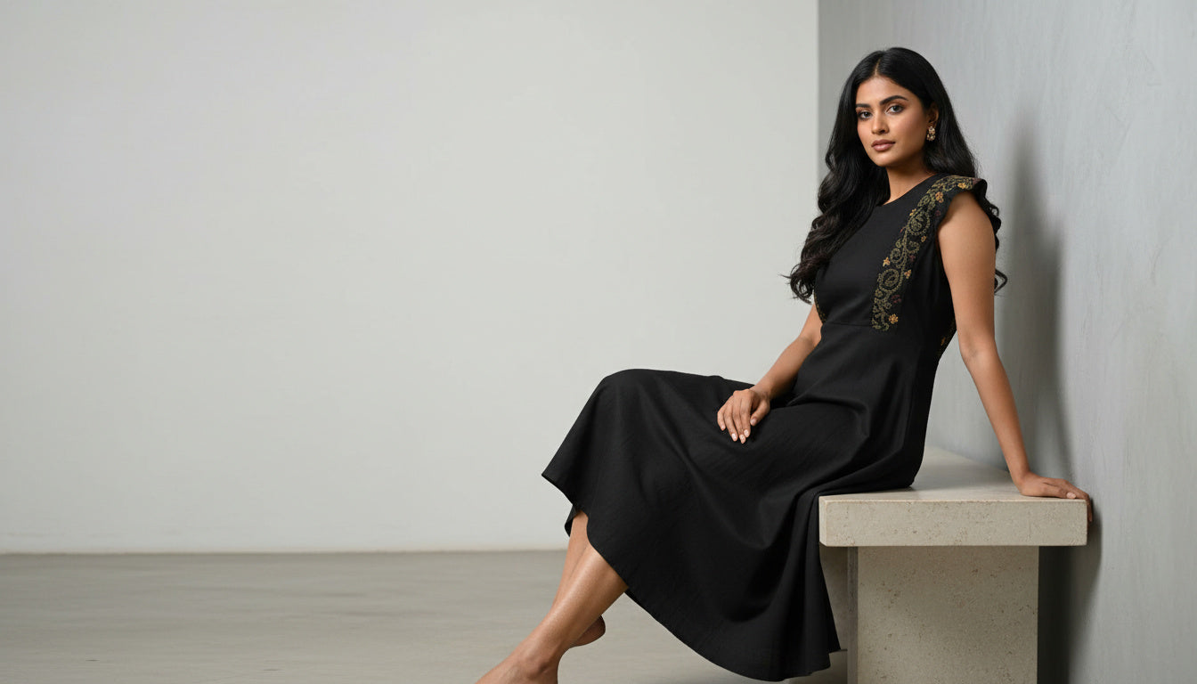 Black Embroidered A-Line Midi Dress