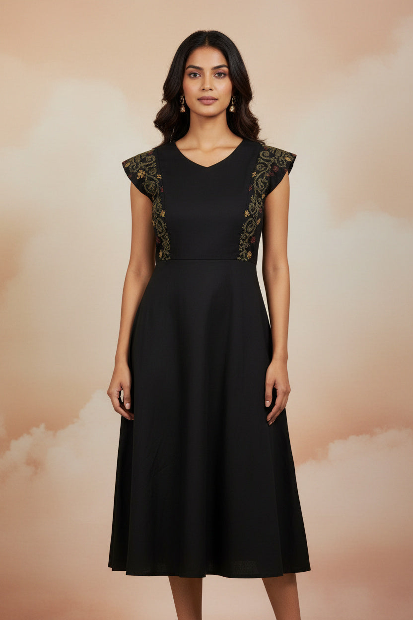 Black Embroidered A-Line Midi Dress