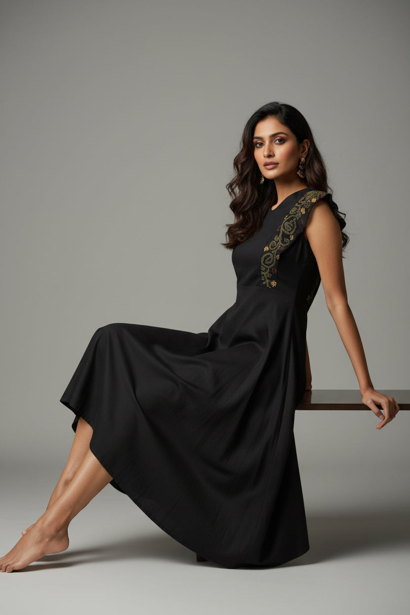 Black Embroidered A-Line Midi Dress
