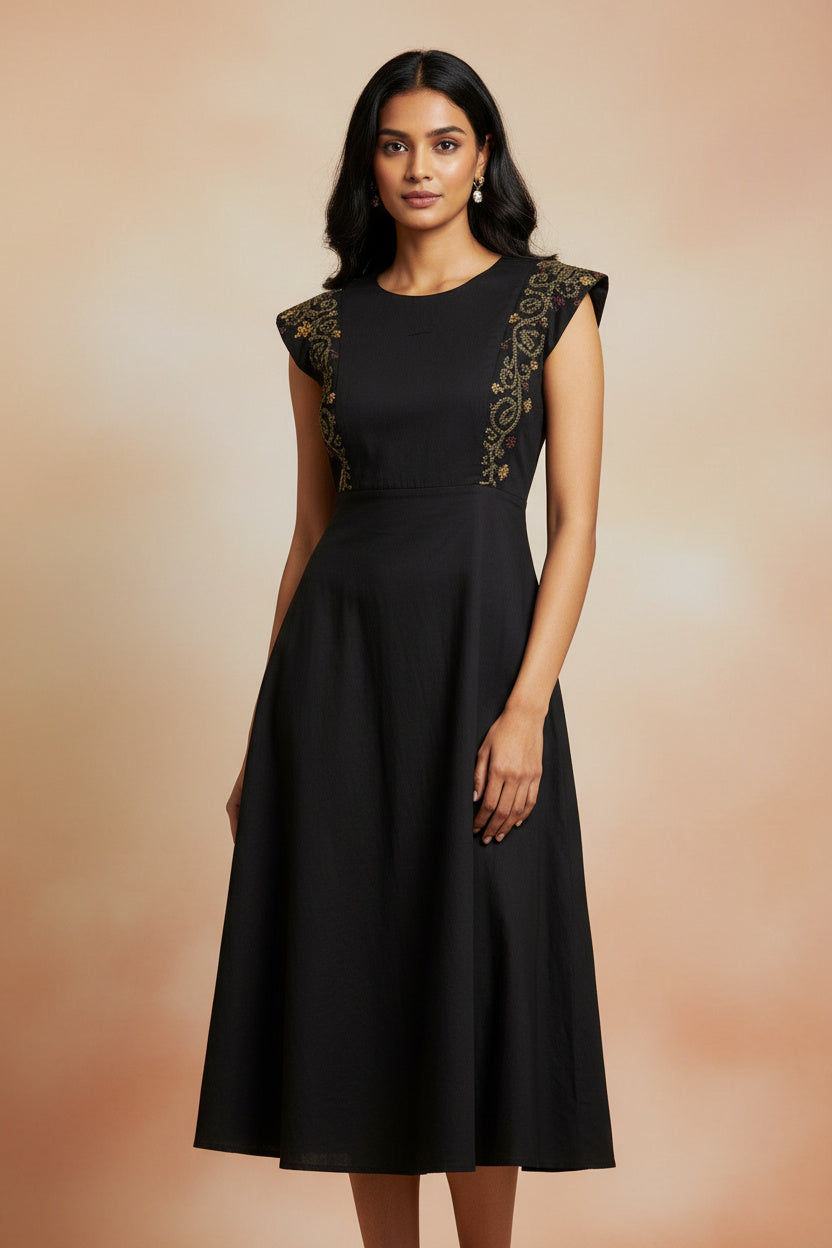 Black Embroidered A-Line Midi Dress