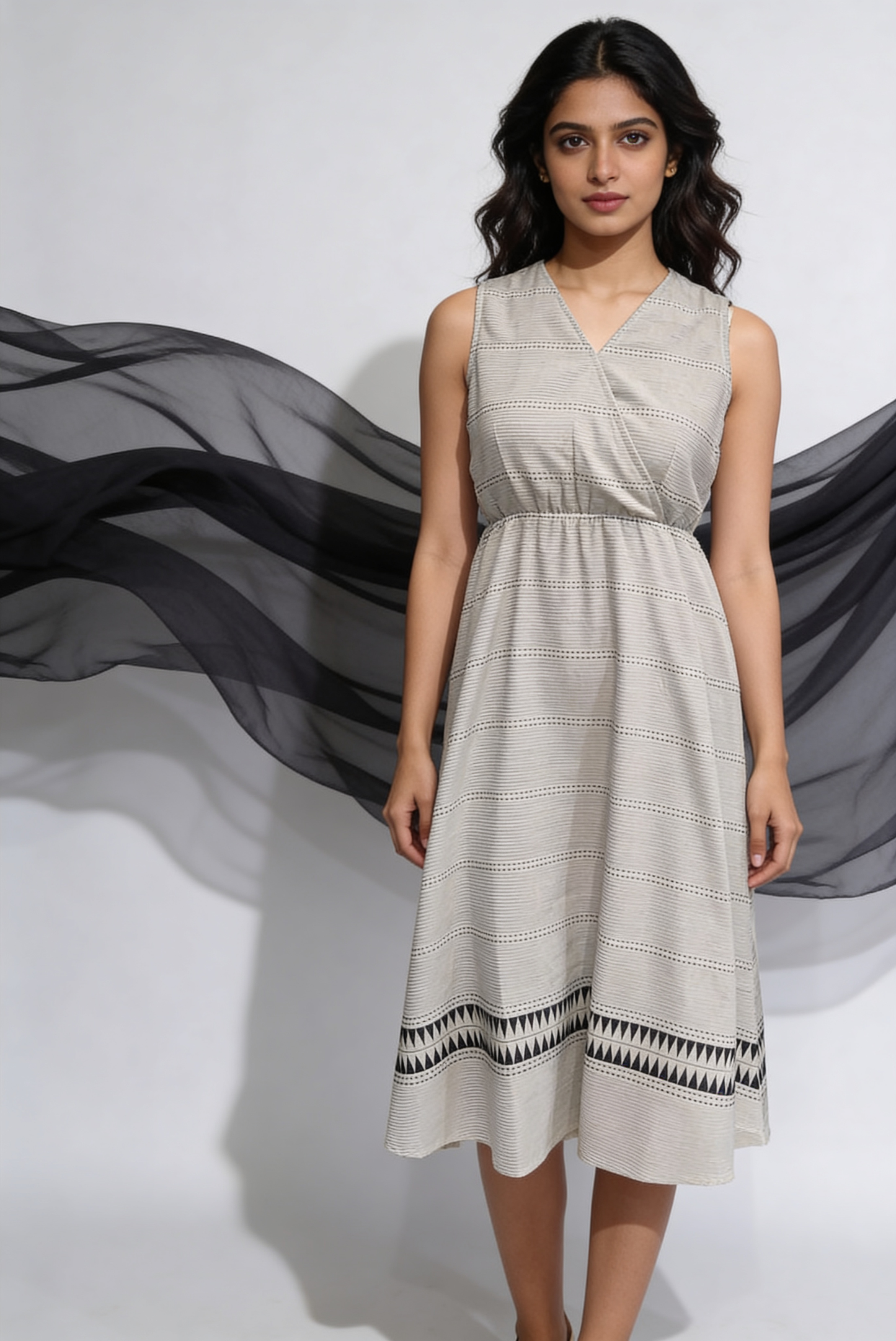 White & Black Handloom Wrap Midi Dress