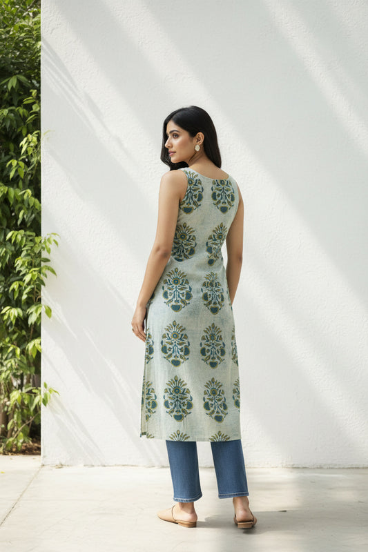 Side-Slit Cotton Kurta -Organic Green