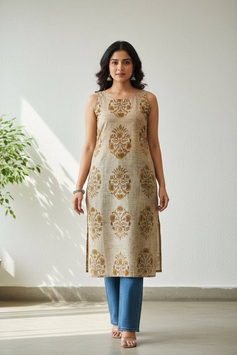 Side-Slit Cotton Kurta -Organic Brown