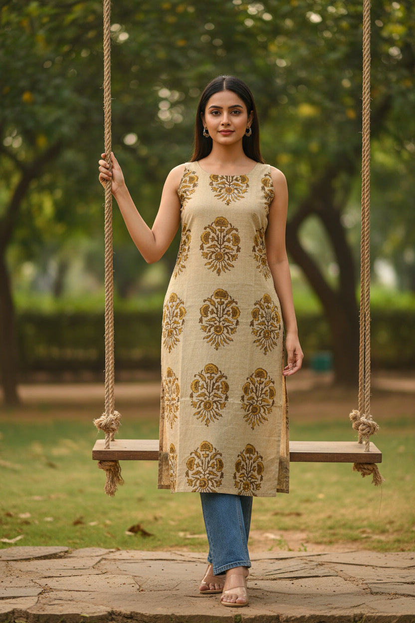 Side-Slit Cotton Kurta -Organic Brown