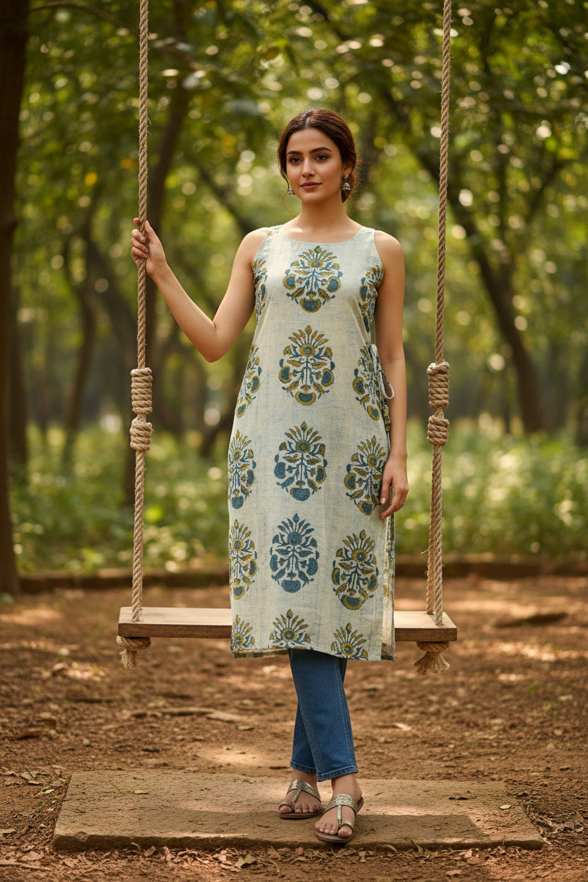 Side-Slit Cotton Kurta -Organic Green