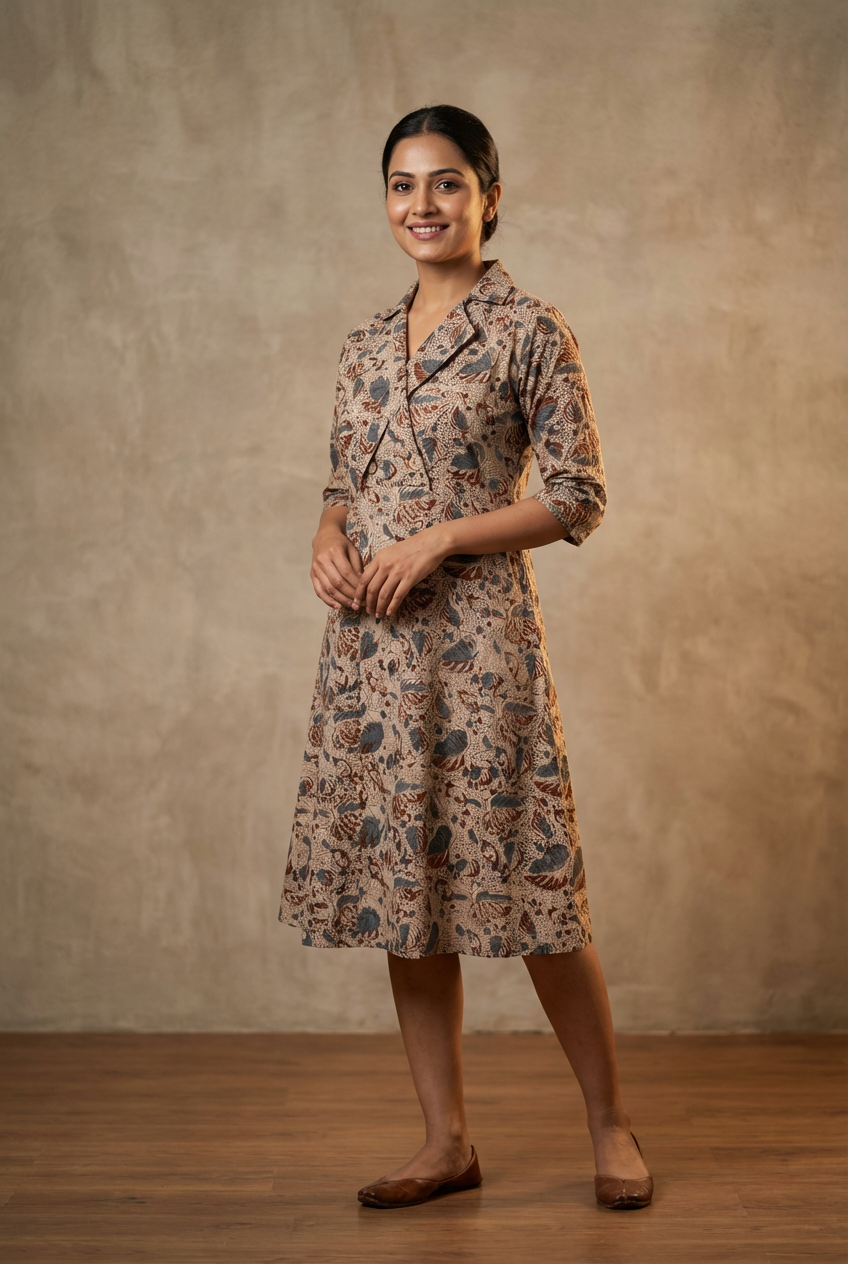 A Line Midi Dress - Kalamkari Brown Tone