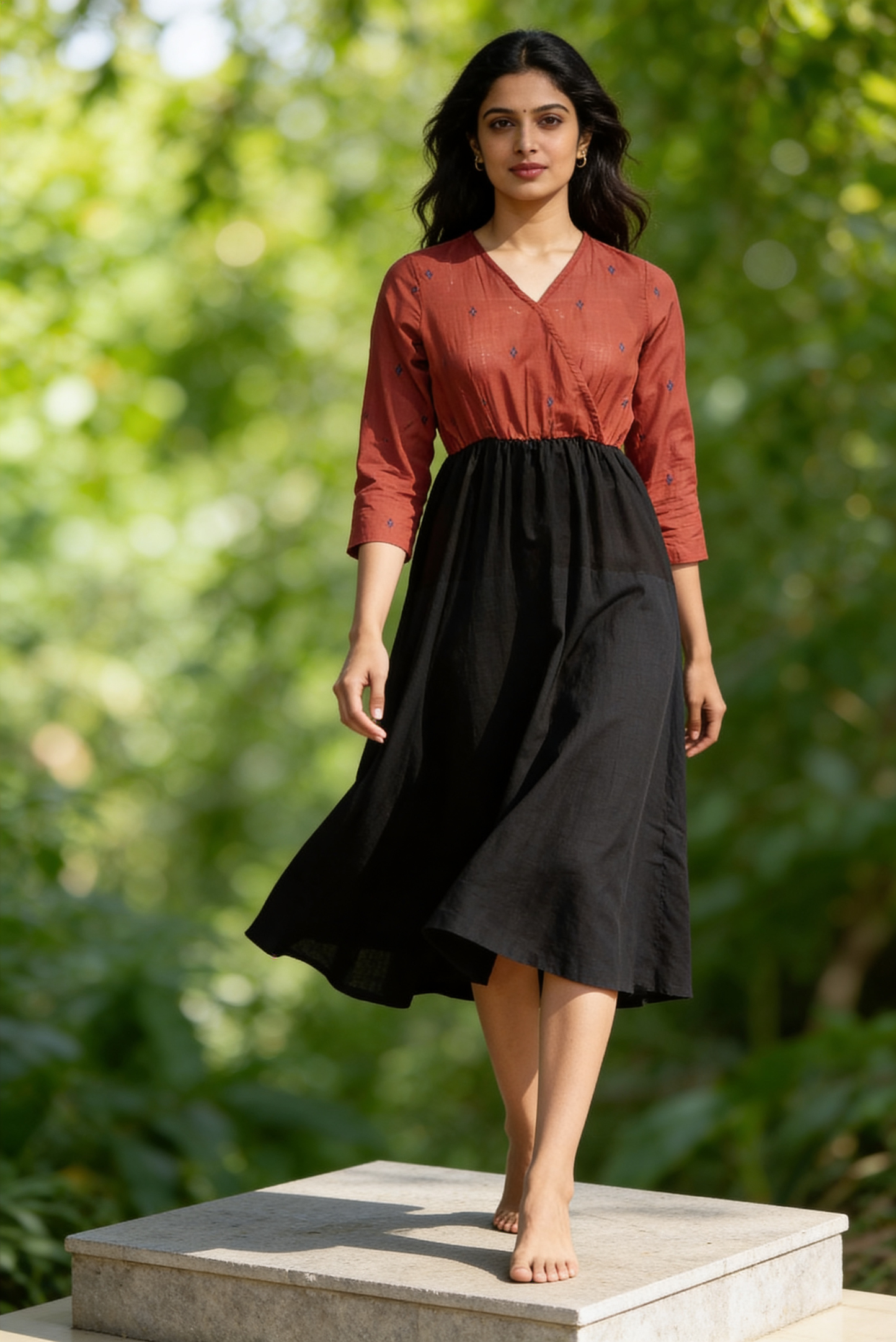 Black & Red Cotton Colorblock Midi Dress