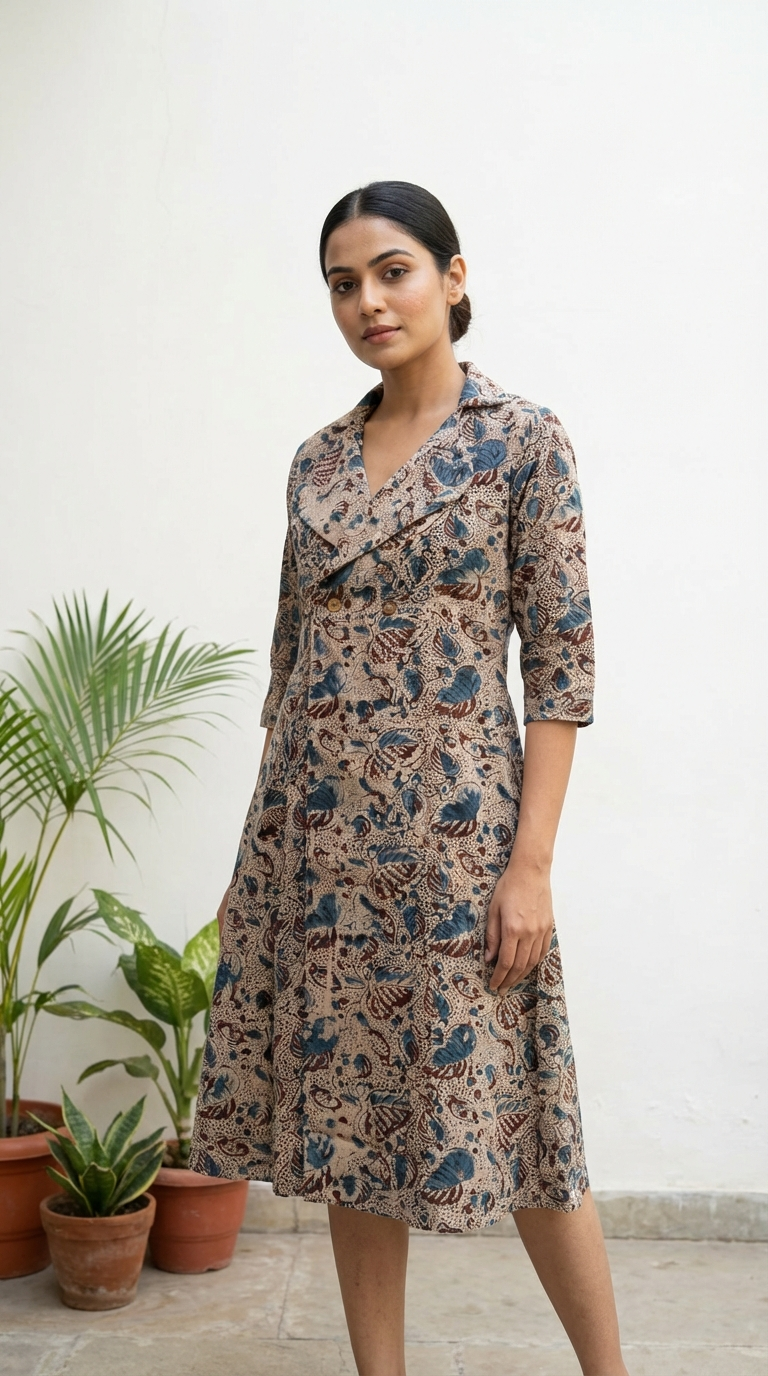 A Line Midi Dress - Kalamkari Blue Tone