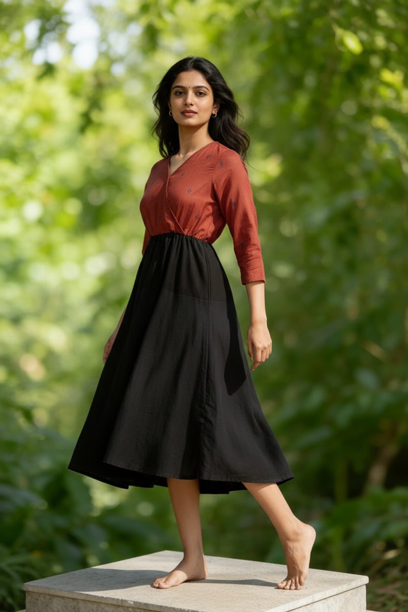 Black & Red Cotton Colorblock Midi Dress