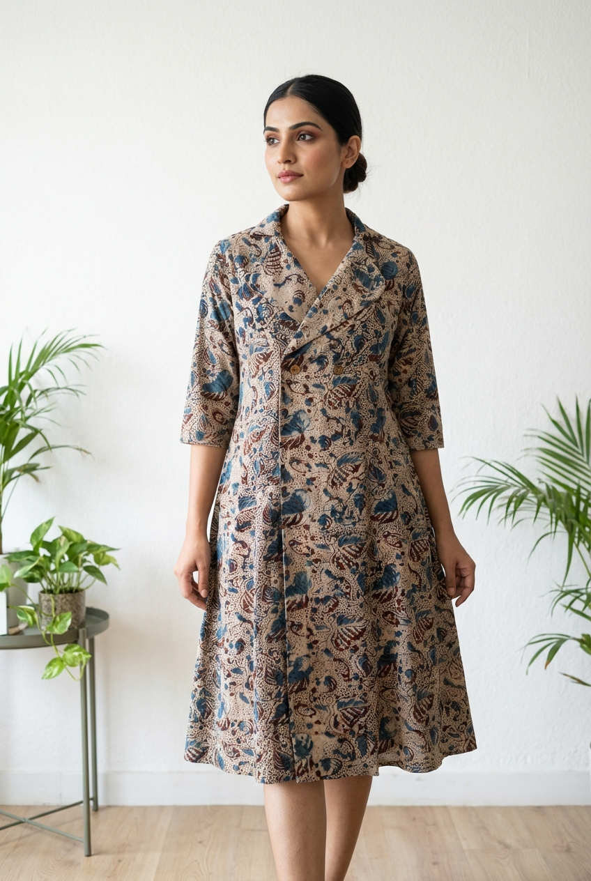 A Line Midi Dress - Kalamkari Blue Tone