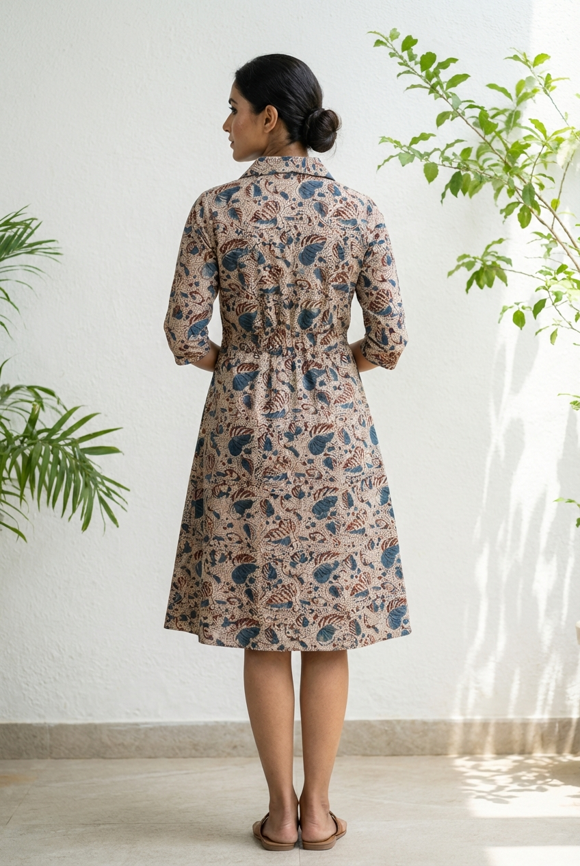 A Line Midi Dress - Kalamkari Blue Tone