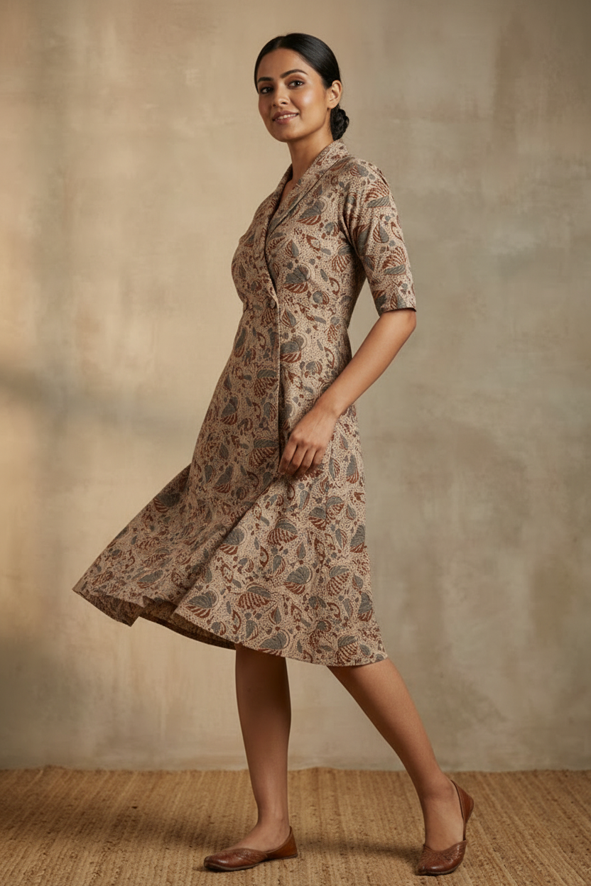 A Line Midi Dress - Kalamkari Brown Tone