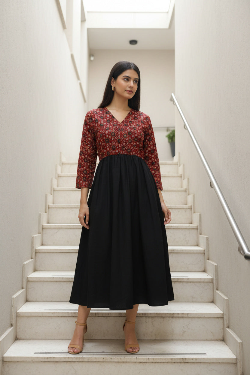 Black & Ajrak Cotton Colorblock Midi Dress