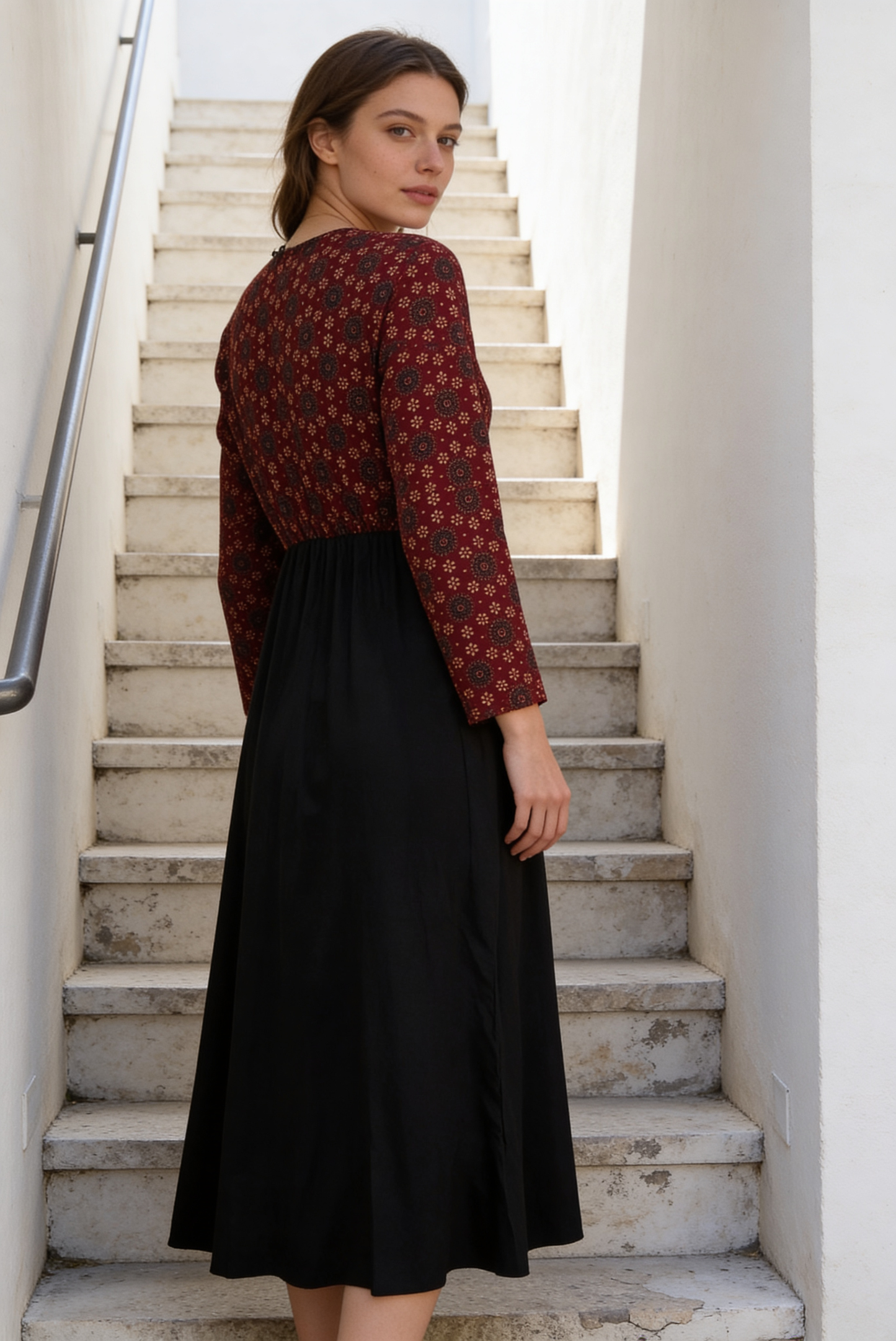 Black & Ajrak Cotton Colorblock Midi Dress